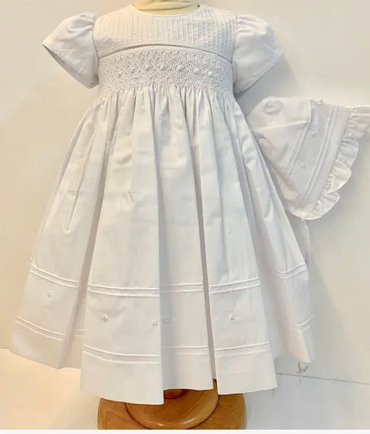16696 White Smocked Dress W/Bonnet