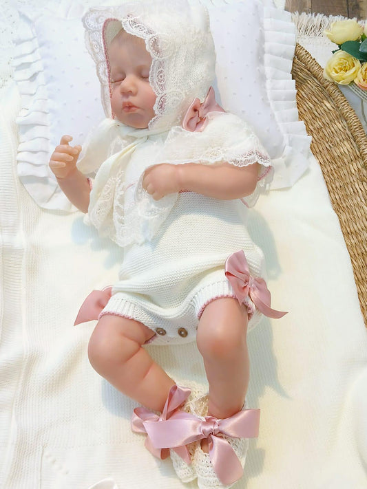 Lace Knitted Dress - Newborn - White and Pink