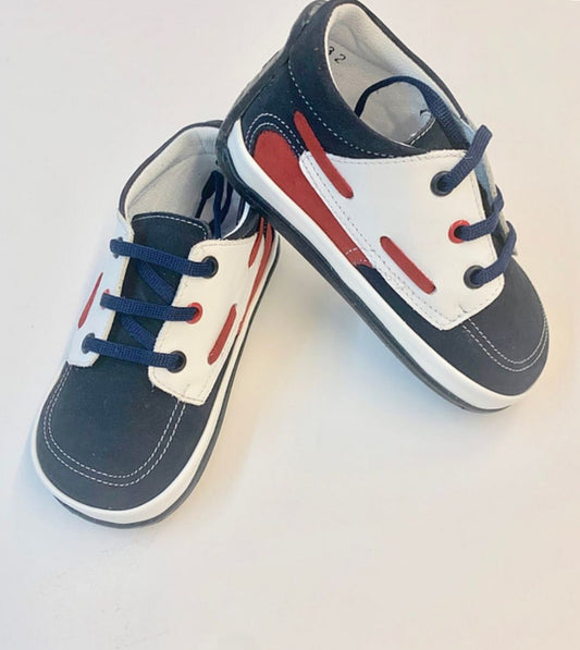 66532 White Navy Red Boys Walking Leather Shoes