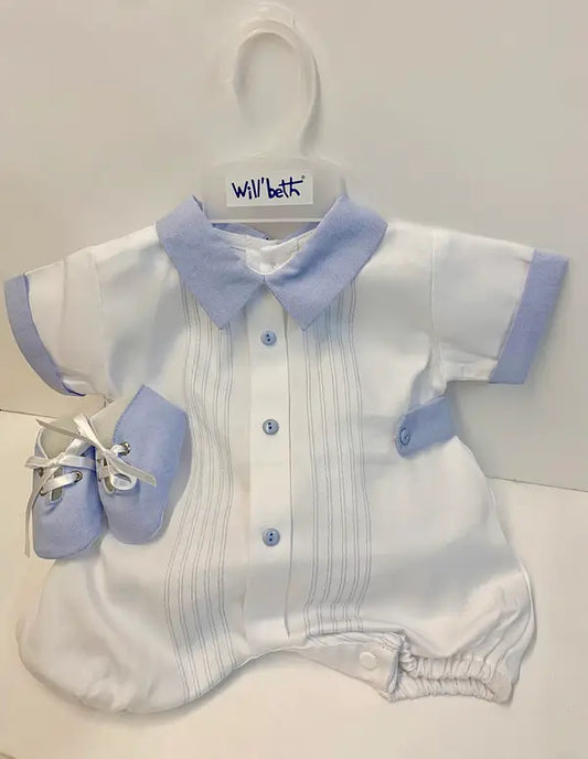 611 White Blue Baby Boy Romper Set