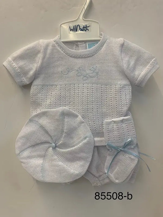 85508B 4pc White Blue Airplane Knit Set